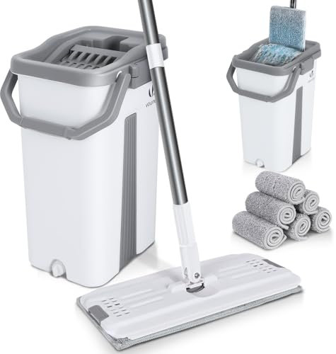VOUNOT Flat Mop and Bucket set, 2-in-1 Hands Free Squeeze Mop User-Friendly Design, Includes 6 Reusable Microfiber Mop Pads, White