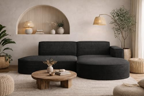 Kaiser Möbel - Ecksofa mit Wohnlandschaft, Eckcouch L-Form, Sofa 3-sitzer, Polstersofa, Bequemes Couch mit Ottomane für Wohnzimmer, Relaxsofa, Stilvolles Cord Sofa, Modena Studio, Schwarz, Rechts