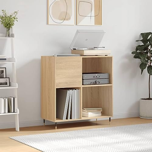 IKAYAA Schallplattenregal Holz Sonoma Eiche - 4 Schallplatten Aufbewahrung Regal 84,5x38x89 cm - Vintage Schallplattenregal Holz
