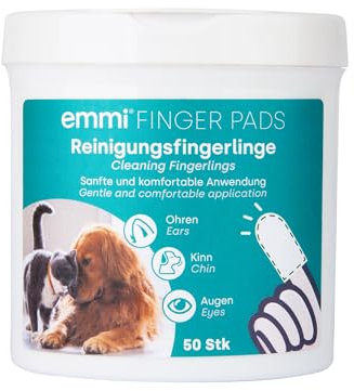Emmi-pet Finger-Pads für Hunde & Katze, Einweg-Reinigungsfingerlinge für Ohren, Kinn & Augen, Reinigungstücher zur Pflege & Hygiene 50Stück
