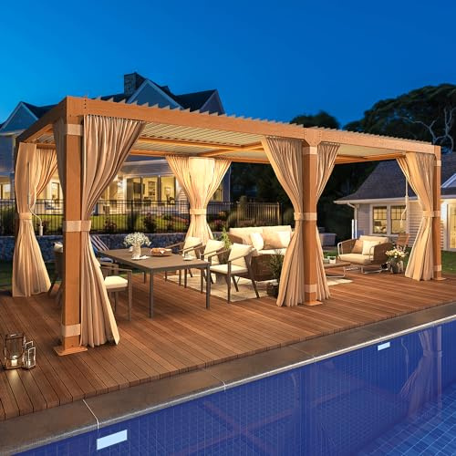 YOLENY Pergola con venature del legno, 3 x 6 m, con tetto impermeabile in alluminio regolabile, riparo parasole con rete e tende per prati, spiaggia, terrazza, patio, giardino
