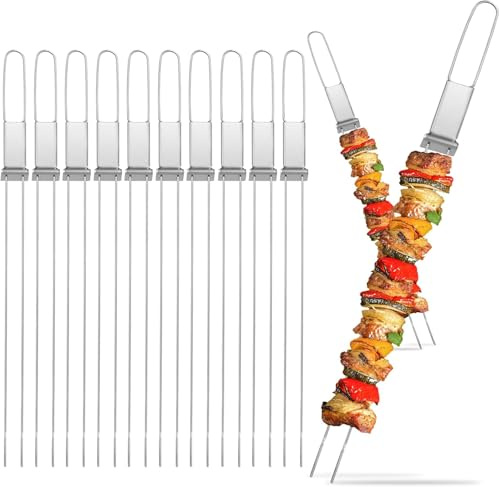 Dailyart 43cm (10 Stück) Schaschlikspieße Lange Edelstahl Grillspieße Flat Fleischspieße mit Schieberegler, Wiederverwendbare Metall Grill spieße für Fleisch, Gemüse, Stockbrot zum Grillen