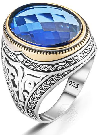 mysilverworld Herrenring aus 925er Sterlingsilber, oval, facettiert, blauer Zirkonia-Stein, Metall, Zirkonia