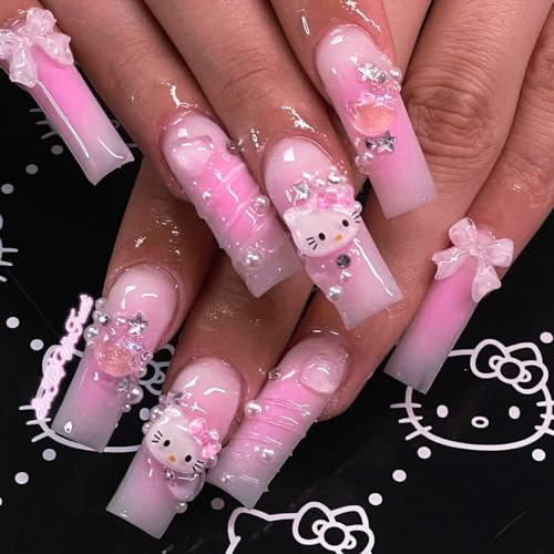 MouyouGlow Press on Nails Extrem Lang,Ballerina Rosa Ombre 3D Bow Kitty Sterne Herz Strass Perle Ripple Fake Nails Kunstnägel mit Nagelkleber, Kawaii Künstliche Fingernägel