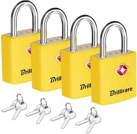 Brillirare 4 Stück TSA Genehmigte Vorhängeschloss mit Schlüsseln, Reise Kofferschloss, Wasserdichtes Gepäckschlösser aus Zinklegierung, Sicherheitsschloss für Rucksäcke, Turnschrank, Zaun, Tor-Gelb