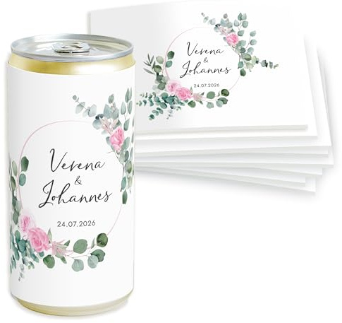 Mimi und Anton Prosecco Banderole PERSONALISIERT | 10x Sticker für HOCHZEIT, JGA, Geburtstag,Getränke-Dosen-Banderole Design Rosa Rosen Eukalyptus Greenery