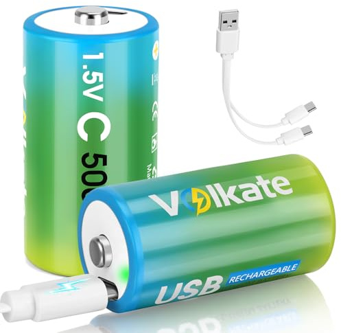 volkate C Batteries 2 Pack, USB Rechargeable Lithium C Cell Batteries with Charging Cable, Battery C Size LR 14 1.5V 5000mWh, Type C Battery