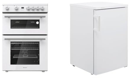 Hisense HDE3211BWUK 60cm Electric Cooker with Ceramic Hob-White A Rated Double Oven - White & RL170D4BWE Freestanding 56cm Under Counter Fridge - 132 litre capacity - Auto Defrost