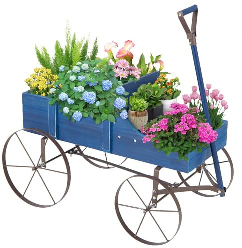 GOPLUS Pflanzschubkarre, Blumenwagen mit Rollen & Handgriff, Blumenkasten Blumenwagen Blumenständer Blumenkarre für Garten & Outdoor, 62 x 34 x 60cm (Blau)