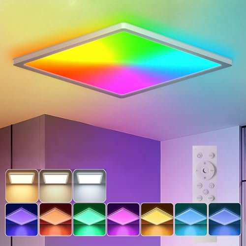 BLNAN RGB LED Deckenleuchte Dimmbar mit Fernbedienung, 24W Deckenlampe Panel mit Farbwechsel,3000K-6500K 2400lm Modern Quadrat Lampe für Wohnzimmer Schlafzimmer Kinderzimmer, Weiß,30x2.5cm