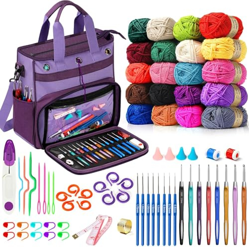 Spardar 74 Kit de Crochet Pièces, Pour Débutants Avec grand Sac de Rangement, 20 Fils à Crocheter, 16 Crochets, Fournitures de Crochet Pour Adultes, Seniors et Enfants (Violet Foncé)