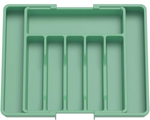 Lifewit Range Couverts, Plateau d'Ustensiles Extensible pour Tiroir, Organisateur de Tiroir Réglable pour la Cuisine, Rangement Compact en Plastique pour Cuillères, Fourchettes, Vert