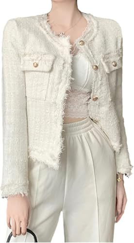 Suncadmious Blazer Scozzese in Tweed da Donna Blazer Aperto Davanti Senza Colletto Elegante Giacca Corta da Lavoro Cappotto