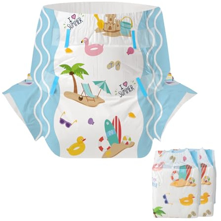 CutiePlusU Windeln für Erwachsene 2 Stück, Einweg-Inkontinenzslip mit Laschen für Frauen und Männer, maximale Saugfähigkeit über Nacht- Ich liebe den Sommer (Groß 37-47)