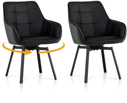 TUKAILAI 2er Set Esszimmerstühle Drehbar Kunstleder mit Armlehnen, Schwarz | Drehstuhl esszimmer,Rückenlehne,Armlehnstuhl,Gepolsterter Sitz, Metallbeine, Für Küche