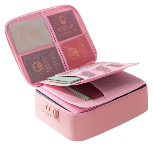 Pasdrucn 36x27x10cm Feuerfeste Dokumententasche Mit Zahlenschloss, Feuerfeste Box, 5200℉ Feuerfeste Dokumentenbox, Feuerfeste Geldkassette, Dokumentenbox Feuerfest Wasserdicht (Rosa)