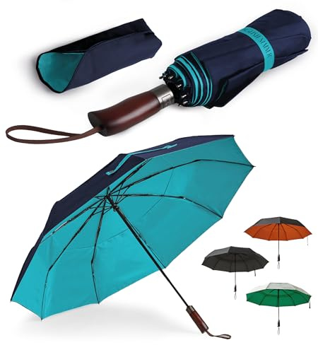 ENGLISH SUMMER Luxury Windproof Umbrella for Rain & Sun: Strong, Automatic, Extra Large Canopy, Vented, Portable Folding, Quality, Real Wooden Handle (Navy & Coastal Blue)