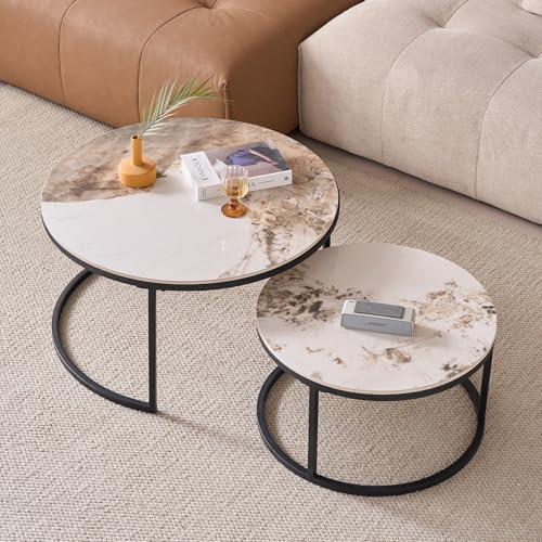 JZGORC 2er-Set Runder Couchtisch, Pandora Sinterstein Wohnzimmer-Beistelltisch, Nordischer Couchtisch – Schwarzer Metallrahmen