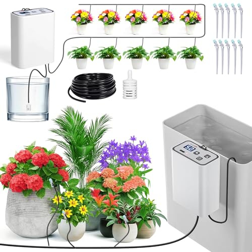 GuKKK Automatisches Bewässerungssystem Indoor für Garten, DIY Tropfbewässerungsset Gesteuert mit 10m Schlauch,Gartenbewässerungssystem Auto/Manuell/Smart Mode für Balkon,10 Kübelpflanzen