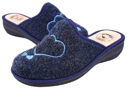 JOMIX Zapatillas Mujer Invierno Cómodas con Cuña Baja de Fieltro con Corazones Bordados Calientes Suaves de Casa Antideslizantes Made in Italy ITD2412 Azul 40