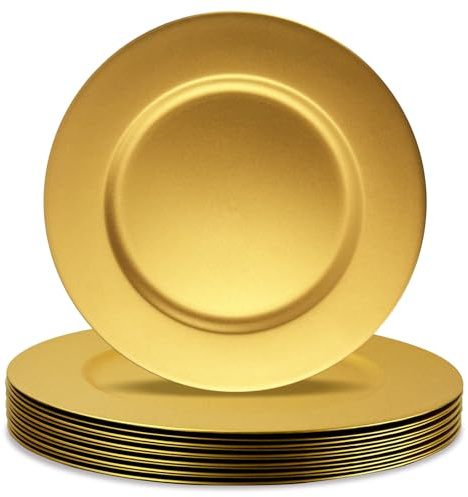 Cheardia 12 Pack Plastic Gold Charger Plates, 13 Inch Round Decorative Serving Dinner Charger Plate Bulk for Wedding, Catering, Parties, Restaurant, Home