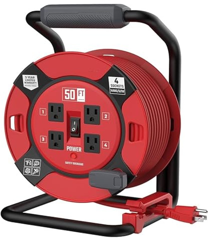 Avvolgicavo Elettrico, Bobina di prolunga retrattile da 100 piedi con 4 prese e cavo 14AWG for impieghi gravosi(50 ft)