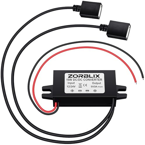 Zorblix DC-DC 8-32 V Convertidor de bajador, Convertidor de tensión 12/24V a 5V 3A, 15W Regulador de Voltaje Alta eficiencia, IP67, para Coche y Exterior (2 Puertos USB)