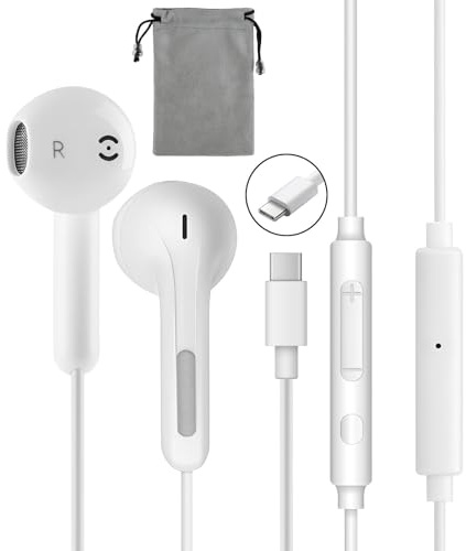 Écouteurs USB-C filaires avec Microphone et contrôle du Volume, écouteurs Intra-Auriculaires avec Isolation du Bruit, compatibles iPh-ne 15/16, Samsung Galaxy, iPad, Tablette et Ordinateur Portable