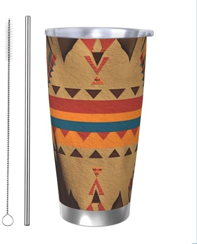 PAQOLSMCKR Bicchiere in acciaio inossidabile con coperchio, 590 ml, tazza isolata in stile nativo americano, tazza da caffè riutilizzabile per auto, tazza a doppia parete isolata per caffè