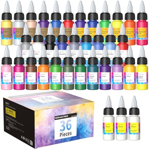 Oasser Pintura Para Aerógrafo Kit 33 Colores 3 Diluyentes Multicolor Pinturas Acrílicas 20 ml/Botella para Textil, Madera, Piedra, Plástico