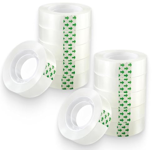 JiangZShangM 12PCS Rouleaux de Ruban Adhésif Transparent 15 mm x 30 m, Ruban Adhésif Invisible Extra Fort, Ruban Transparent Résistant pour Bureau, Maison, École et Emballage Cadeau
