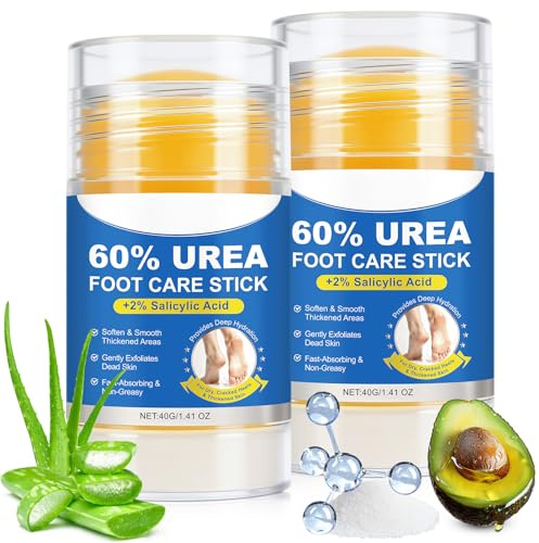 Urea Creme, Urea Crema 60% Crema para pies Stick + 2% de ácido salicílico, eliminador de callos para talones secos y agrietados, manos y rodillas, crema hidratante exfoliante (2 Pack)