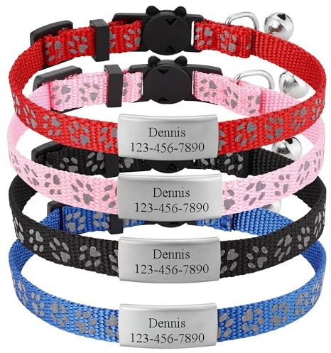 Lpraer Katzenhalsband mit Namen Nummer ID Tag Gravur, Reflektierende Katze Halsband mit Sicherheitsverschluss und Glöckchen, 13-21cm Verstellbar Kitten Halsbands für Katzen Haustier, Schwarz
