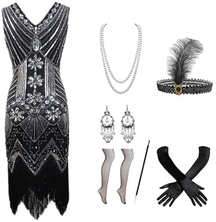 Nlaayong 20er Jahre Kostüm Damen, Charleston Flapper Kleid, Elegantes Vintage Outfit im Twenties Stil mit Federboa, Kopfschmuck, Perlenkette und Clutch als Art Deco Verkleidung für Damen