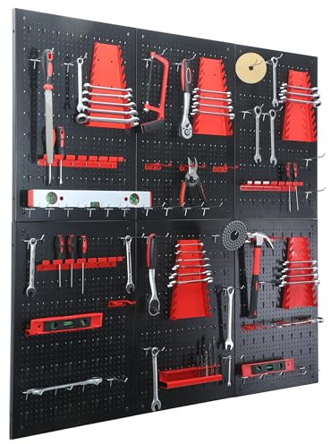Relaxdays Werkzeugwand, 6 Lochwände, 58-TLG. Zubehör, HxB: 60 x 40 cm, Metall, Werkzeuglochwand, Werkstatt, schwarz/rot