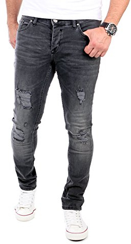 Reslad Jeans herr destroyed look slim fit denim stretch jeans byxor RS-2062, svart, 38W x 34L