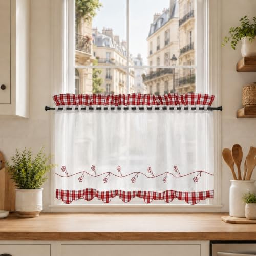 Yujiao Mao Transparente Scheibengardine mit Karo Muster Stangendurchzug Landhaustil Bistrogardine für Klein Fenster 1 Stück,Rot HxB 45x120cm