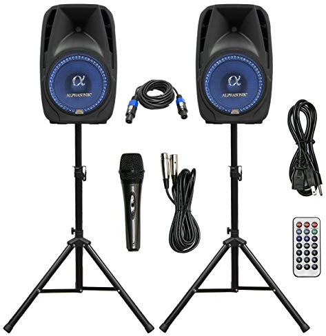Pair Alphasonik All-in-one 10 Powered 1000W PRO DJ Amplified Loud Speakers with Bluetooth USB SD Card AUX MP3 FM Radio PA System LED Lights Karaoke Mic Guitar Amp 2 Tripod Stands Cable and Microphone