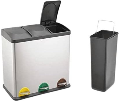 EVRE 45 Litre Bin with 3 15 L Compartments with Removable Inner Buckets and Handles for Waste Separation Recycling Trash Can (Silver)