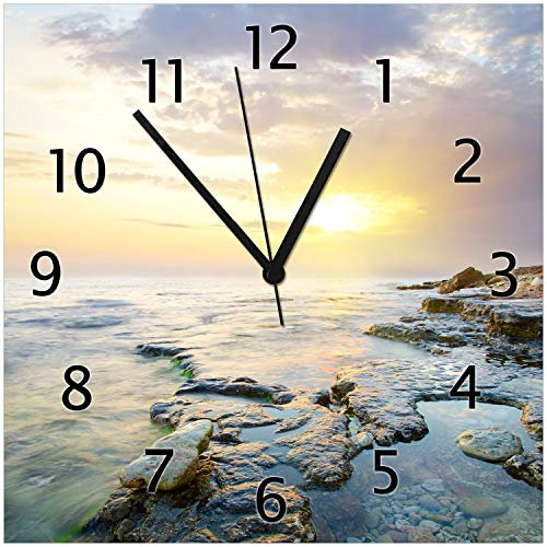Wallario Design-Wanduhr Sonnenuntergang über dem Meer aus Glas, Motiv-Uhr Größe 30 x 30 cm, Schwarze Zeiger