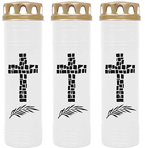 HS Candle Grabkerze - 3er Pack - (Weiß) Grablicht ca. 7 Tage Brenndauer je Kerze - Motiv: Kreuz