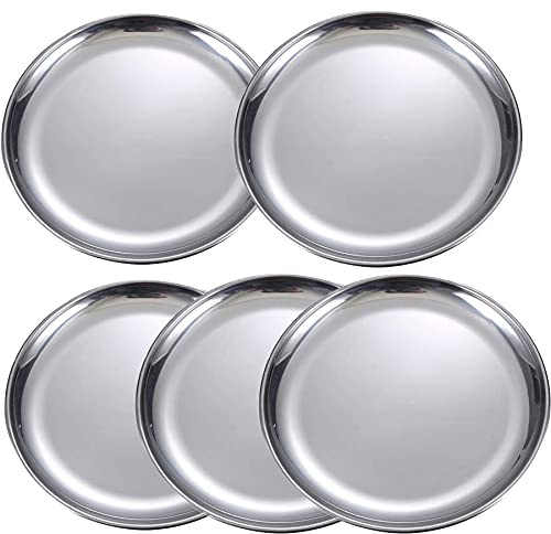 JMYDecor Lot de 5 assiettes rondes en acier inoxydable pour camping, randonnée, pique-nique, barbecue, plage