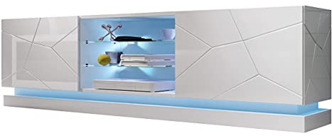 TV Lowboard Qiu, TV Schrank, griffloses Öffnen, Fernsehtisch, Lowboard, TV Tisch, Fernsehschrank, gedämpften Schließsystem, TV Bank (Modell: 200, Weiß / Weiß Hochglanz, mit RGB-LED Beleuchtung)