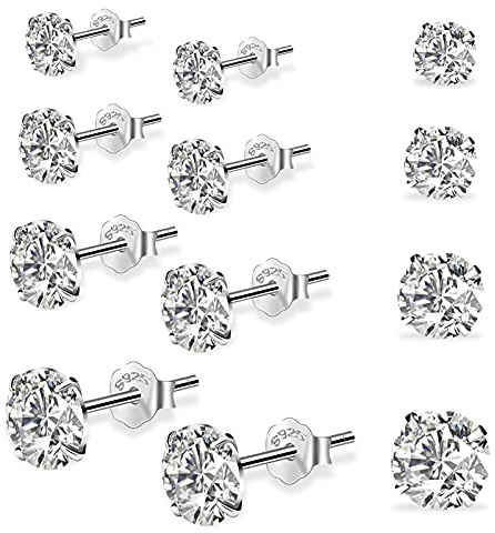 4Paar 925 Silber Ohrringe Set, Damen Ohrstecker, Kleine Runde Glitzer Knorpel Stecker Diamant 3/4/5/6/mm für Männer Mädchen Frauen