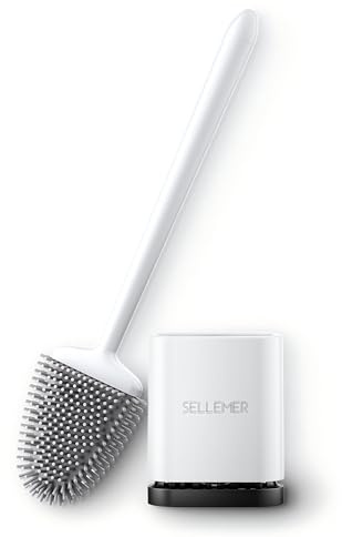 Sellemer Toilet Brush and Holder Set for Bathroom, Flexible Toilet Bowl Brush Head with Silicone Bristles, Ventilation Slots Base (Rose Gold) (White, 1Pack)