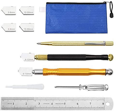 LEONTOOL Glasschneider-Werkzeug-Set, 2 Bleistift-Stil, 4 zusätzliche Klingen 2 mm-20 mm, Öl-Tropfen, Wolfram-Anreißstift, Schraubendreher, Stahl-Lineal mit blauer Aufbewahrungstasche