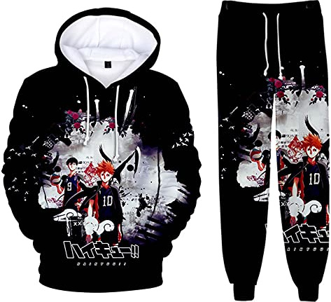 Flyself Jungen 3D Anime Haikyuu Sportanzug Traingsanzug Jogginganzug Cosplay Costume Karasuno High School Hoodie Sweatshirt Jacke und Hosen 2 Stück Sets