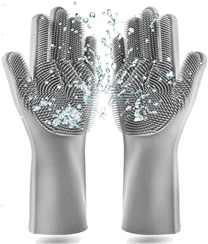 PREMIUM Geschirrspül Waschhandschuhe mit Noppen Oberfläche & feinen Bürsten zum Reinigen der Küchenutensilien I Silikon Reinigungshandschuhe Ideal zum Geschirr spülen & Putzen im Haushalt (Grau)