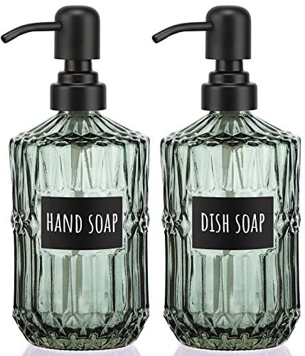 Segbeauty Seifenspender Glas, 2 Stück 450 ml Nachfüllbarer Prismatische Glas Shampoo, Conditioner Spenderflaschen und Handseifenspender mit Edelstahlpumpe, für Küche, Badezimmer, Grün
