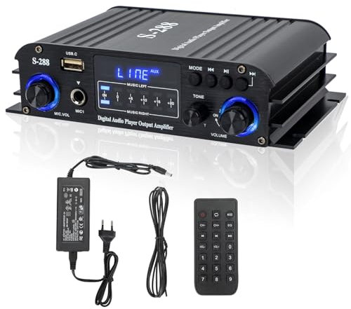 Amplificateur Audio 4 canaux,amplificateur HiFi, amplificateur stéréo Bluetooth 5.0, 1200W, Radio FM Carte SD Portable/entrée USB/Radio FM, pour la Maison ou Votre Voiture 35W x4 (S288)